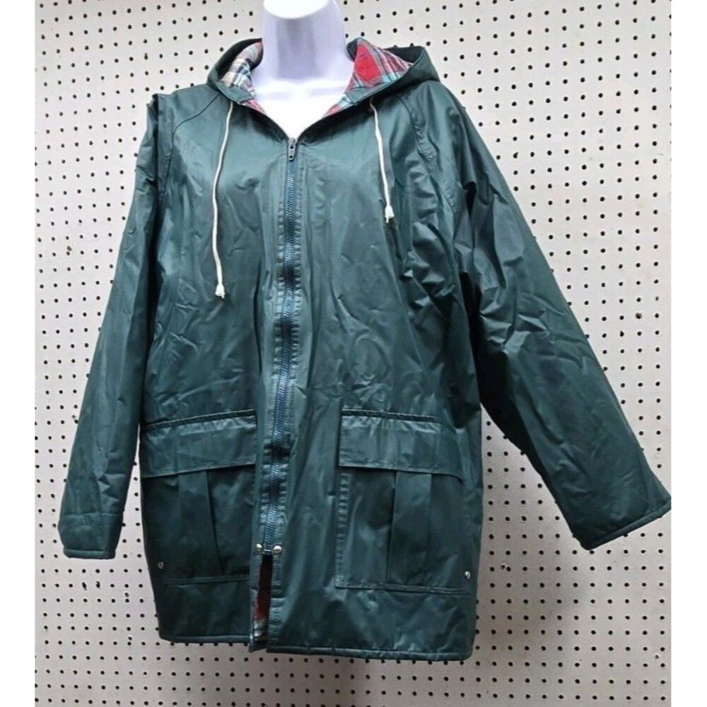 VTG Misty Harbor Any Weather Women's Rain Slicker Jacket Large Plaid Lined Green